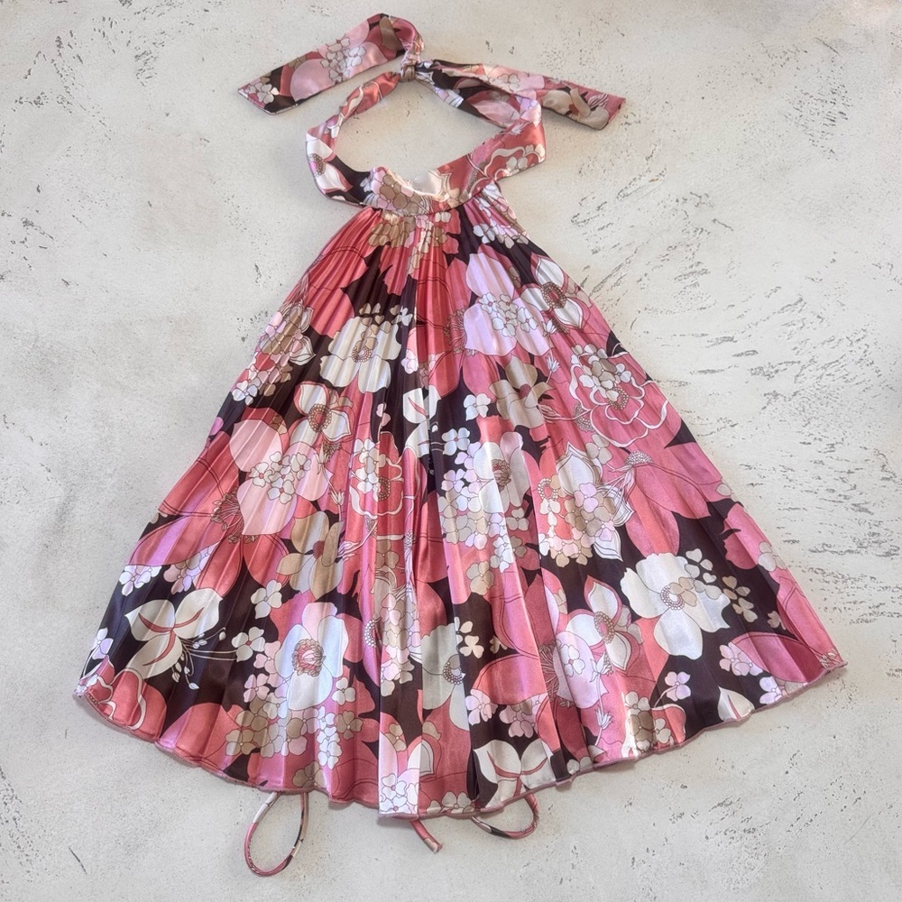 Y2K Pink Floral Halter Neck Pleated Blouse